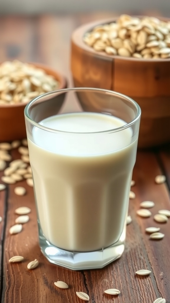 A glass of creamy oat milk with rolled oats on a wooden table.
